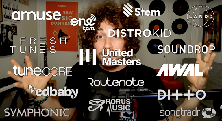 Digital distributors logos: Amuse, One RPM, Stem, Landr, Fresh Tunes, DistroKid, United Masters, Tunecore, Soundrop, Awal, Cdbaby, Routenote, Ditto, Symphonic, Horus Music, Soungtradr