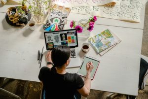 Designer working desk viewed from the top